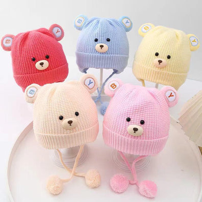 Light Pink Baby Bear Face Fashion Knitted Warm Winter Wool Cap (1 Years -5 Years) CP5102E